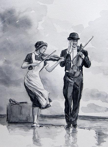 watercolour sketch inspired by The Singing Butler titled The Butler and the Maid by Theo Michael