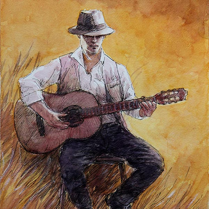 watercolour Line Wash painting by Theo Michael, featuring a guitar player