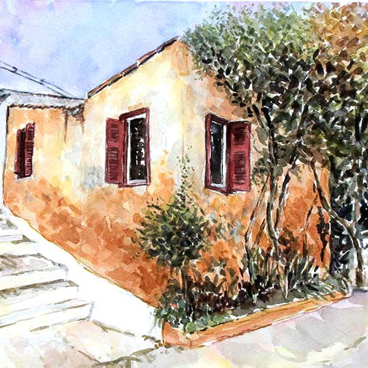 Watercolor painting, detail of a quaint street with a house and stairs in Anafiotika Athens by Theo Michael.