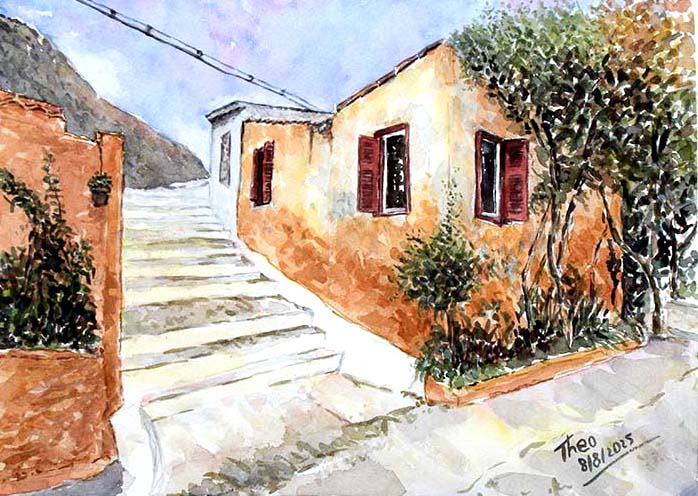 Watercolor painting of a quaint street with a house and stairs in Anafiotika Athens by Theo Michael.