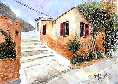 Watercolor painting of a quaint street with a house and stairs in Anafiotika Athens by Theo Michael.