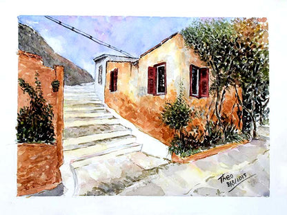 Watercolor painting of a quaint street with a house and stairs in Anafiotika Athens by Theo Michael.
