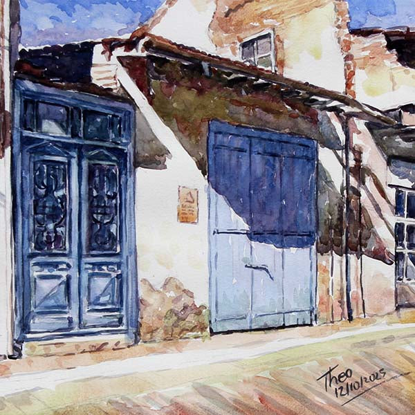 Watercolor painting of a street scene with blue doors and a building facade by Theo Michael