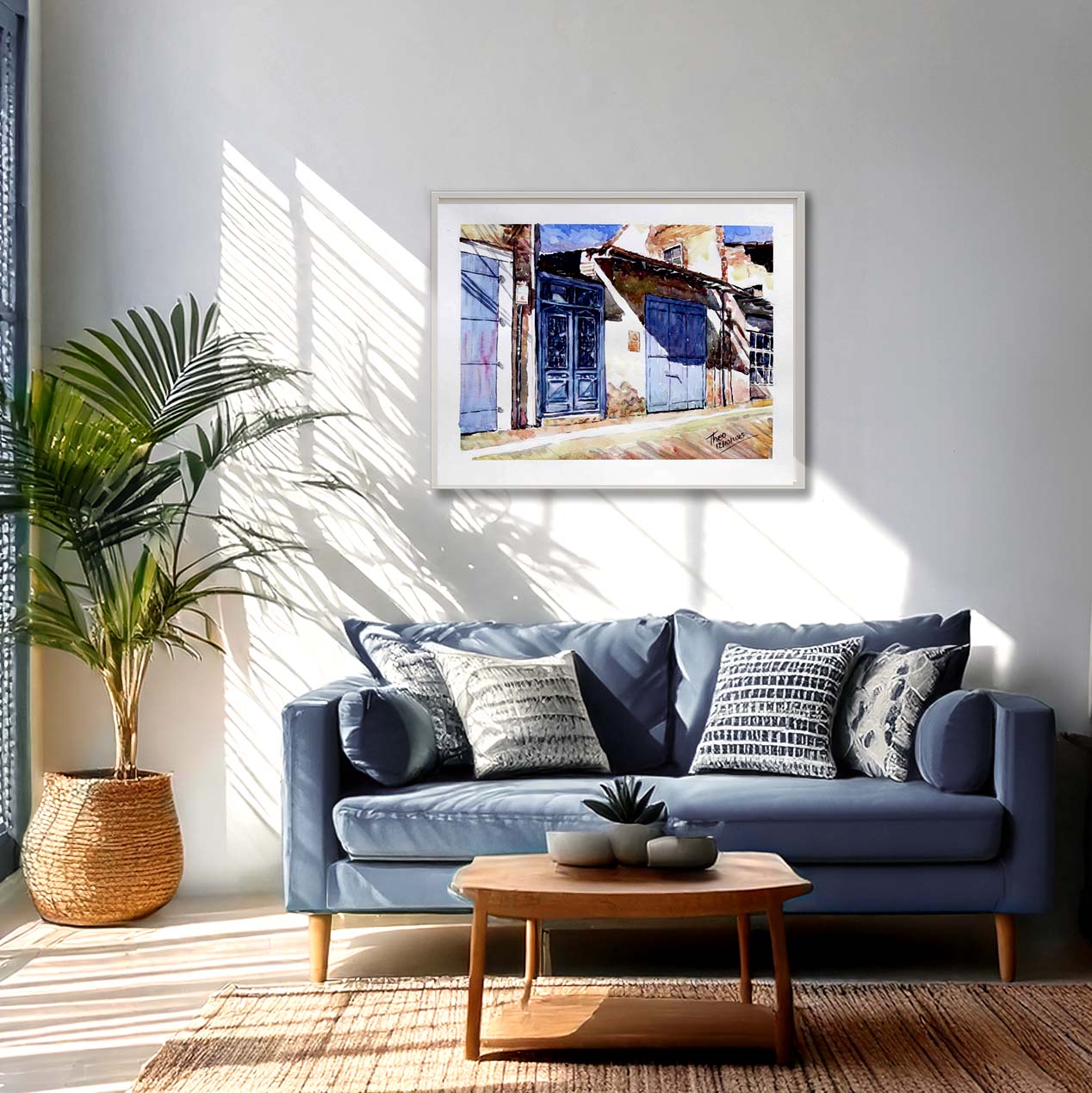 Framed Watercolor painting of a street scene with blue doors and a building facade by Theo Michael