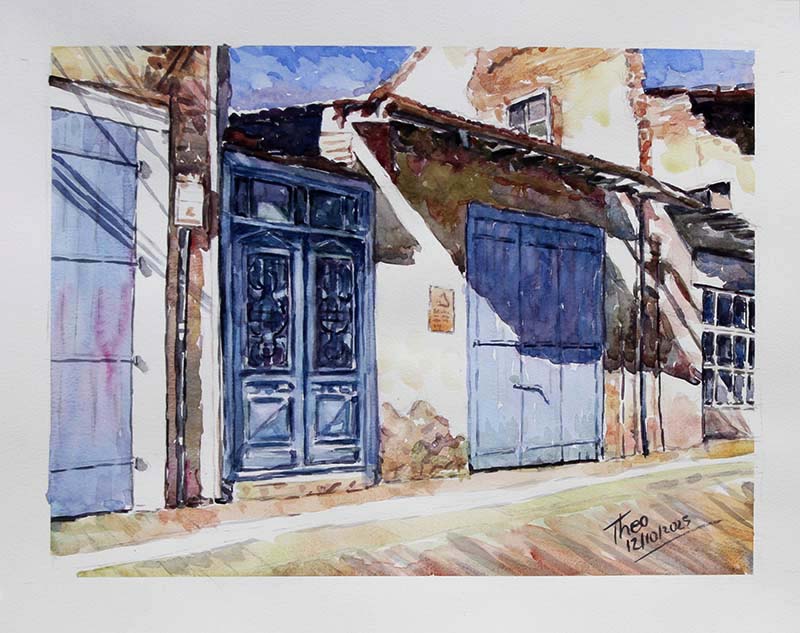 Watercolor painting of a street scene in Larnaca Cyprus with blue doors and textured walls by THeo Michael.
