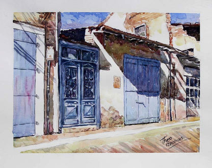 Watercolor painting of a street scene in Larnaca Cyprus with blue doors and textured walls by THeo Michael.