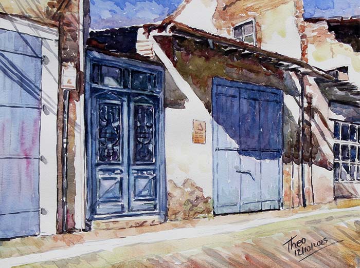 Watercolor painting of a street scene with blue doors and buildings in Cyprus Larnaca by Theo Michael.