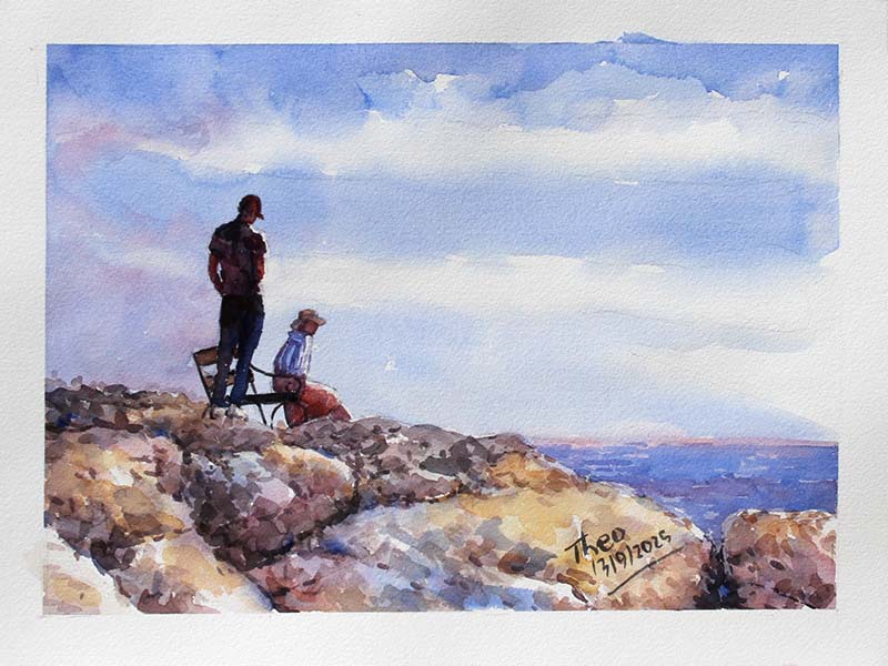 Watercolour Painting of two people on a rocky outcrop overlooking the ocean with a blue sky. View At Cape Greko Cyprus by Theo Michael.