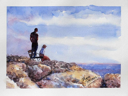 Watercolour Painting of two people on a rocky outcrop overlooking the ocean with a blue sky. View At Cape Greko Cyprus by Theo Michael.