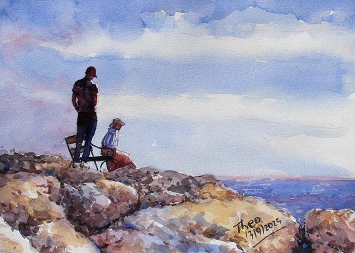 Watercolour Painting of two people at Cape Greko, overlooking the ocean with a blue sky. A painting by Theo Michael.