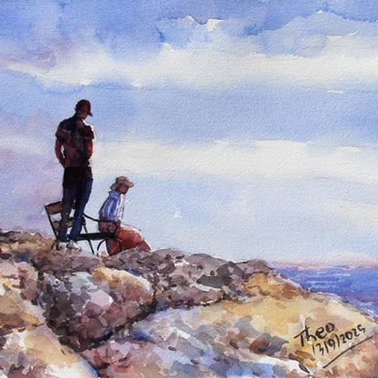 Watercolour Painting of two people on a rocky outcrop overlooking the ocean with a blue sky. Detail of View At Cape Greko Cyprus by Theo Michael.