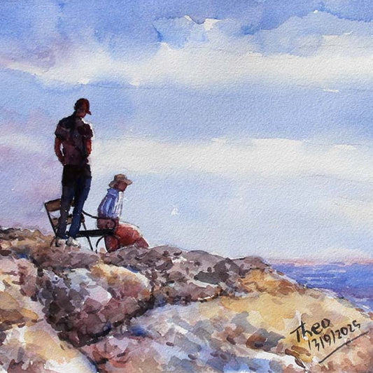 Watercolour Painting of two people on a rocky outcrop overlooking the ocean with a blue sky. Detail of View At Cape Greko Cyprus by Theo Michael.