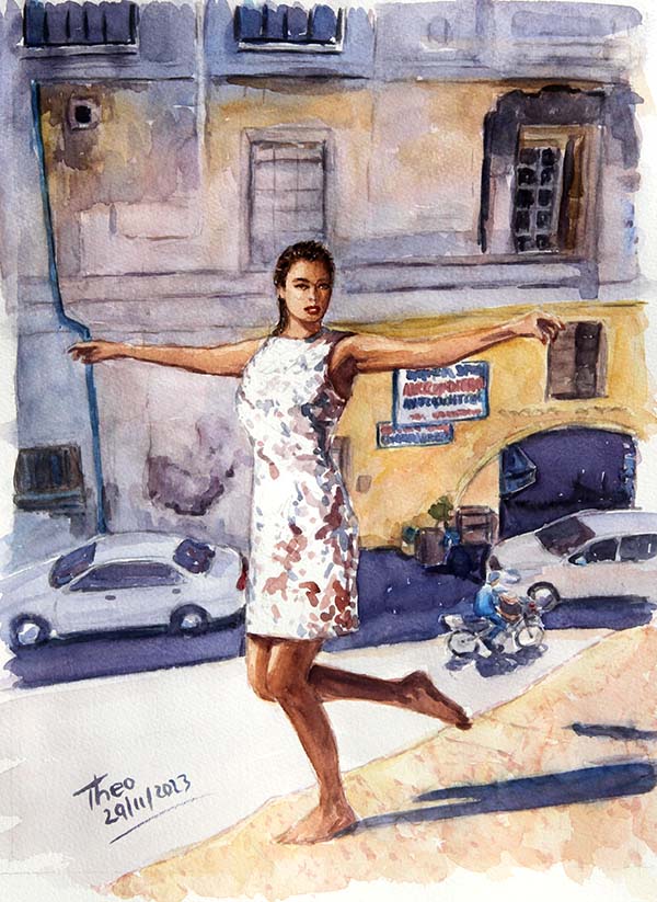 original watercolour painting Dancer On The Roof by Theo Michael