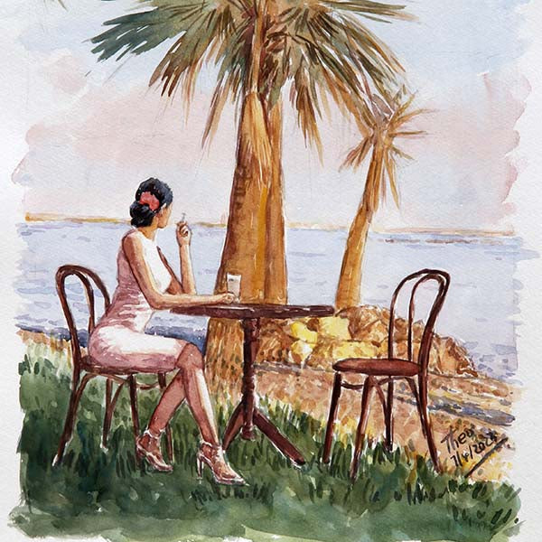 watercolour painting Girl At The Palm Beach, a Mediterranean painting by Theo Michael