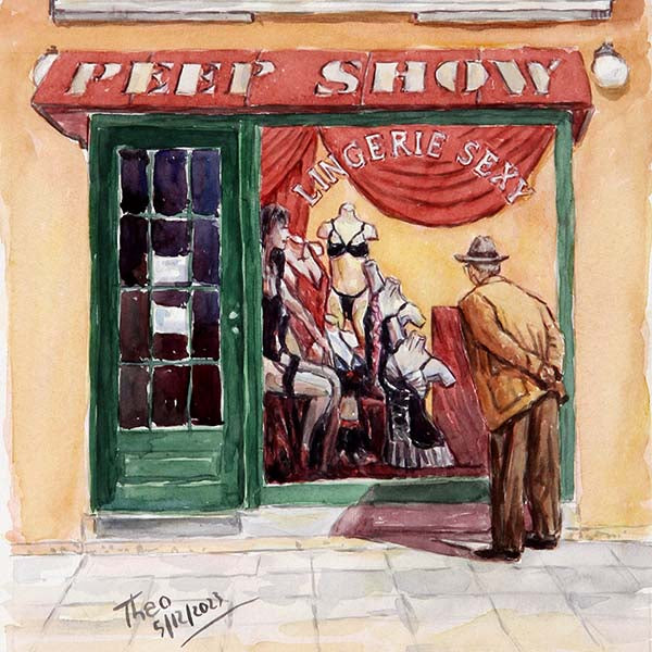 Watercolour painting of a mature gentleman peeking into a store window of an erotic boutique. A nostalgic painting by Theo Michael with charm