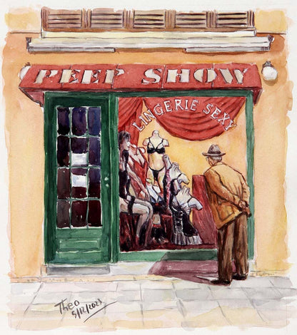 Watercolour painting of a mature gentleman peeking into a store window of a sex shop. A nostalgic painting by Theo Michael with charm