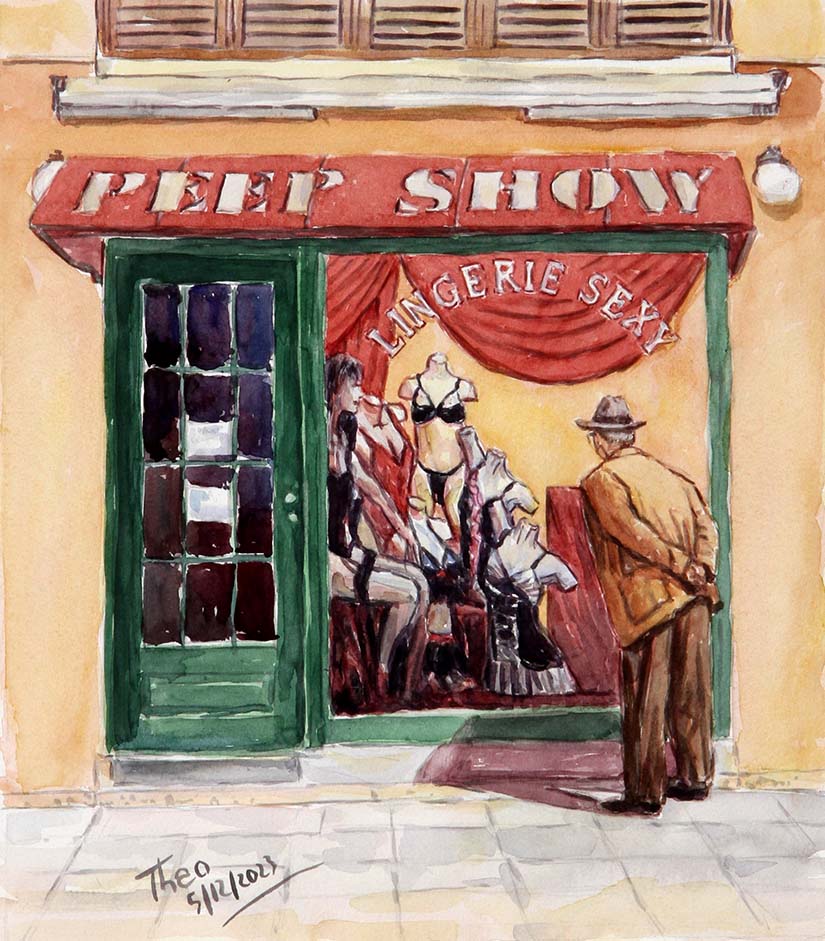 Watercolour painting of a mature gentleman peeking into a store window of a sex shop. A painting by Theo Michael with a nostalgic feel and charm