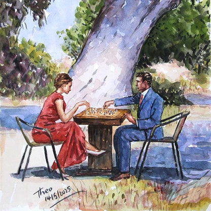 Watercolour painting, The Chess Game