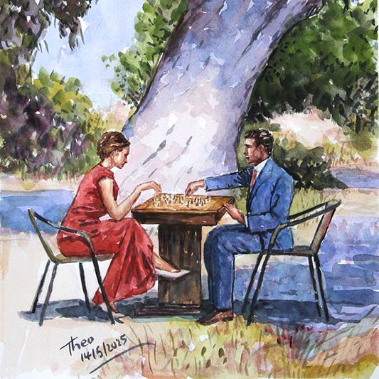 Watercolour painting, The Chess Game