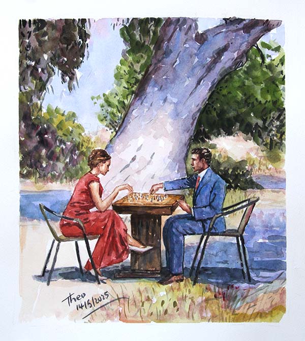 Watercolour painting, The Chess Game