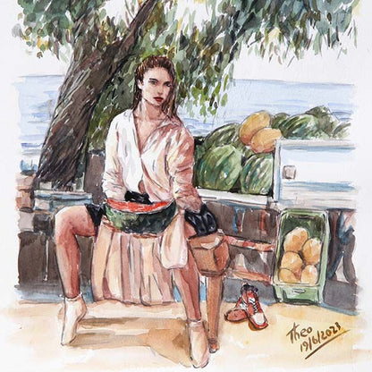 watercolour painting The Melon Girl, a Cyprus painting by Theo Michael