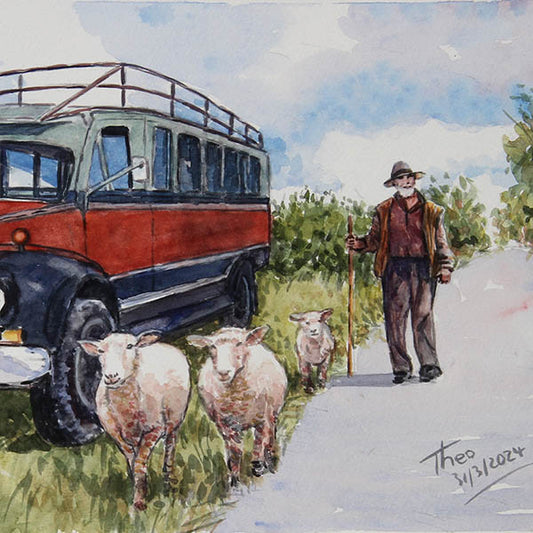 watercolour painting  by Theo Michael featuring a shepherd and his sheep walking past an  abandoned old Bedford bus