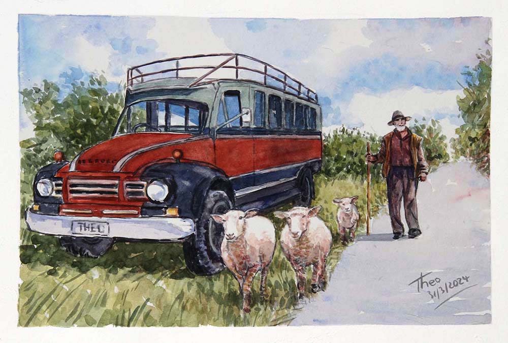 watercolour painting by Theo Michael featuring a shepherd and his sheep walking past an abandoned old Bedford bus