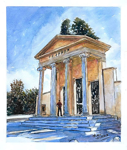 Artistic depiction of a classical building with columns and steps, set against a blue sky. Watercolour painting by Theo Michael in Larnaca titled The Stadium.
