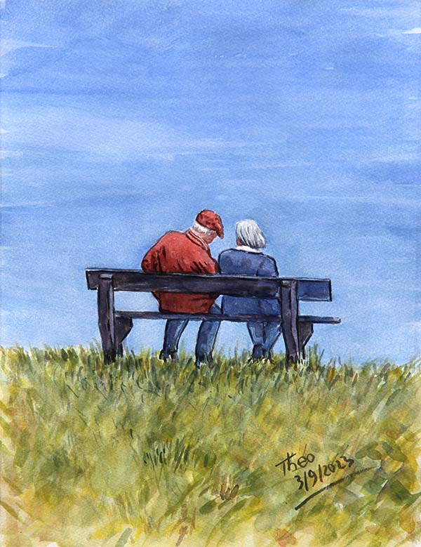 Watercolour painting The Couple  On The Bench by Theo Michael