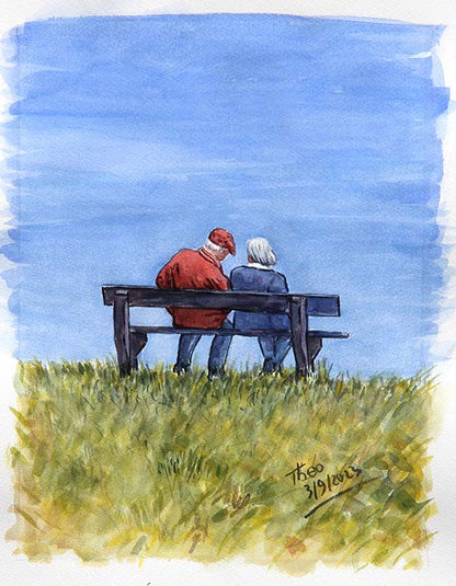 Watercolour painting by Theo Michael, The Couple  On The Bench 