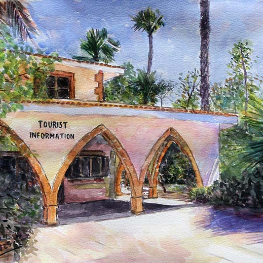 Watercolour painting of Larnaca's Tourist Information Board. An original painting by Theo Michael featuring a historic building in Cyprus

