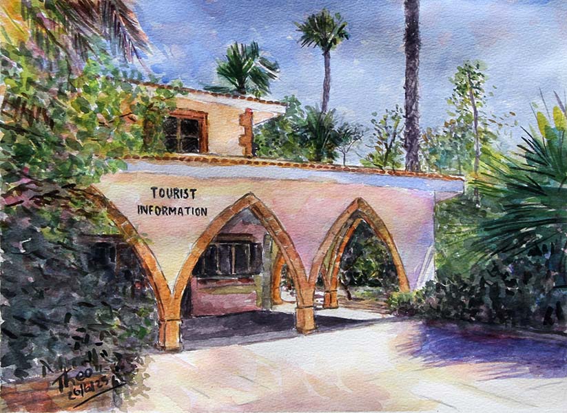 Watercolour painting of Larnaca's Tourist Information Board. An original painting by Theo Michael featuring a historic building in Cyprus in a beautiful garden setting 