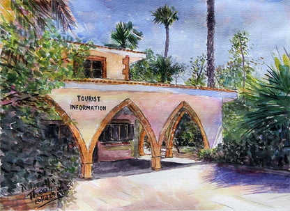 Watercolour painting of Larnaca's Tourist Information Board. An original painting by Theo Michael featuring a historic building in Cyprus in a beautiful garden setting 