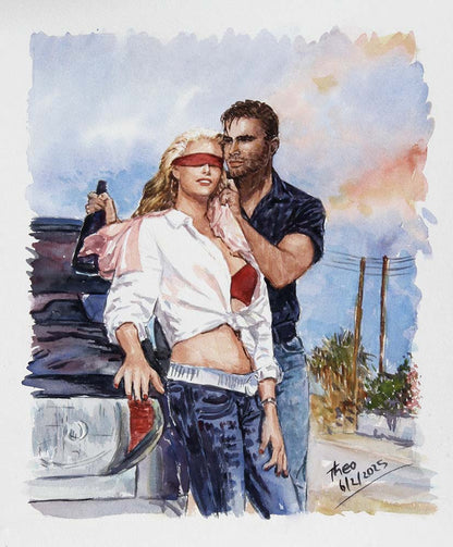 Original watercolour painting, titled Valentine 2025 by Theo Michael, featuring a young couple celebrating a surprise event.