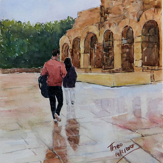 watercolour painting by Theo Michael featuring a couple at the foot of the Acropolis hill in Athens on a rainy day