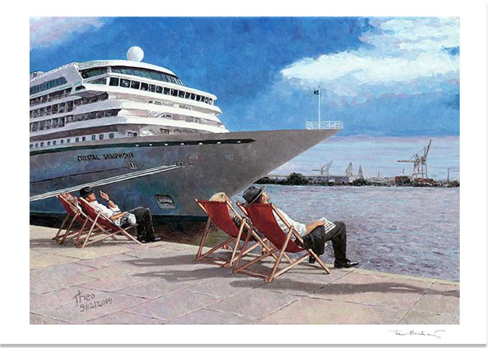 Edward Hopper style Fine Art Print, People In The Sun by Theo Michael, featuring Hamburg Harbour in the background