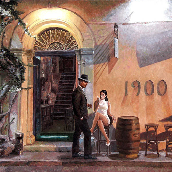 Theo Michael's oil painting Cafe At Night Revisited picturing the Art Cafe 1900 in Larnaca