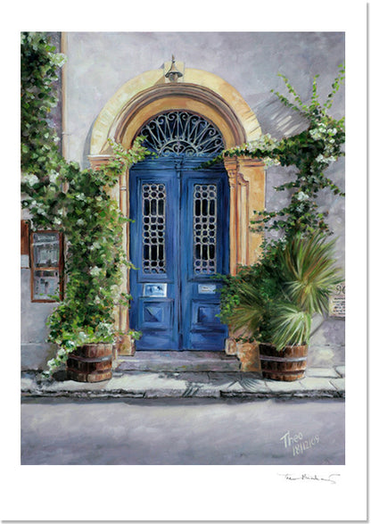 Mediterranean Fine Art Print by Theo Michael, Cyprus Blue Door Art Cafe