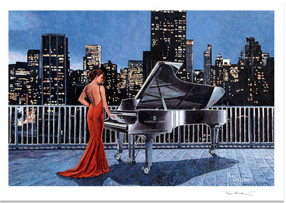 Fine Art Print, New York Skyline by Theo Michael, an oil painting titled Pianist On The Roof