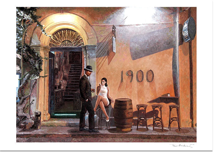 Theo Michael's oil painting Cafe At Night Revisited picturing the Art Cafe 1900 in Larnaca