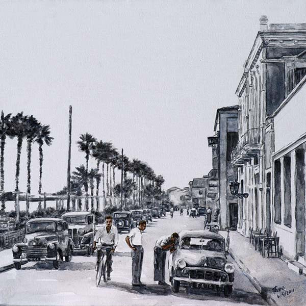 1950s painting Larnaca Promenade, Finikoudes, Cyprus Life 