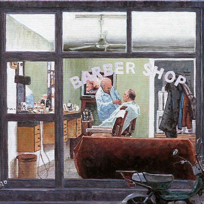 Edward Hopper style painting by Theo Michael titled The Barber Shop