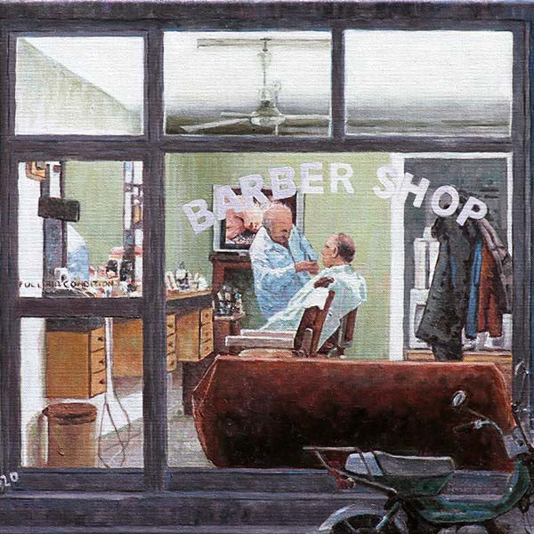 Edward Hopper style painting by Theo Michael titled The Barber Shop