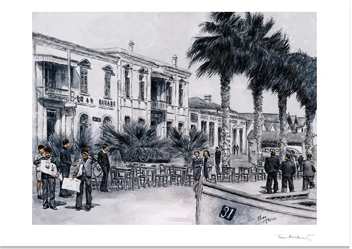 Fine arty print, Larnaca promenade  1950s seafront view of Beau Rivage hotel