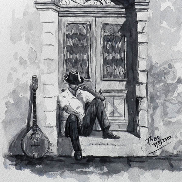 Watercolour sketch, The Bouzouki Player