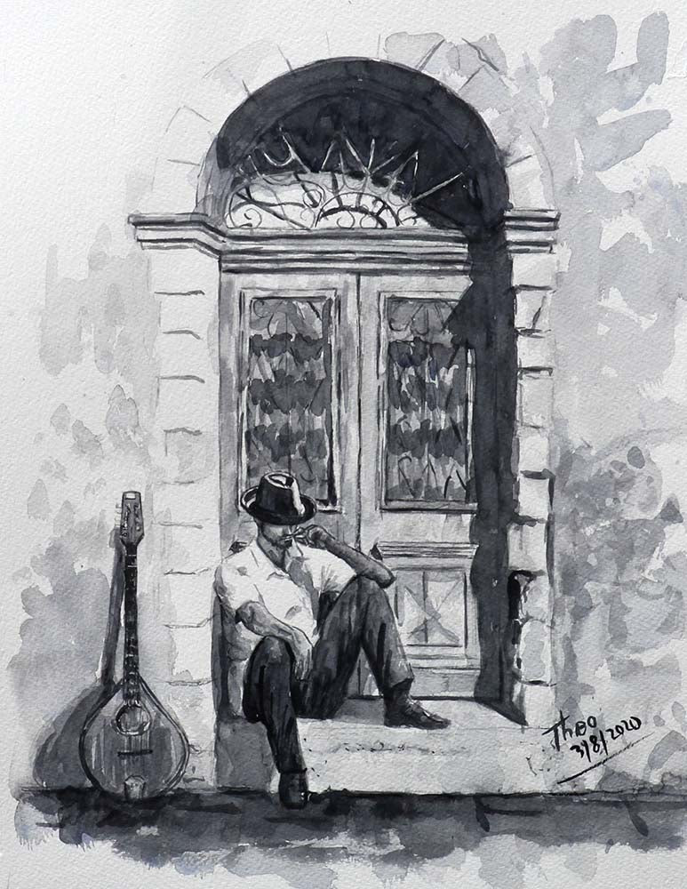 Watercolour sketch, The Bouzouki Player