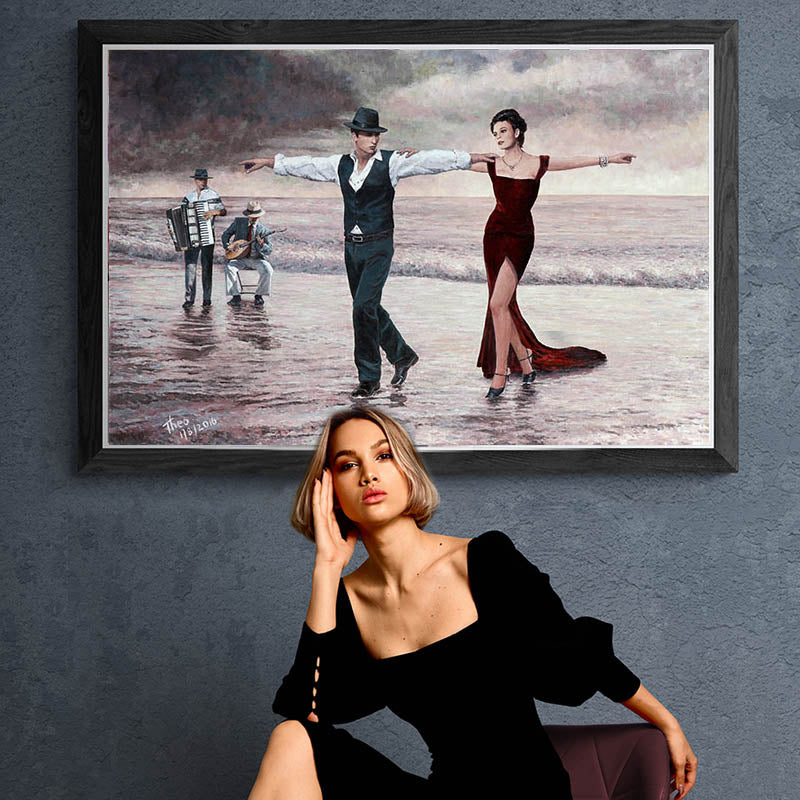 Dance and beach painting by Theo Michael titled The Beach Quartet, Lady In Red