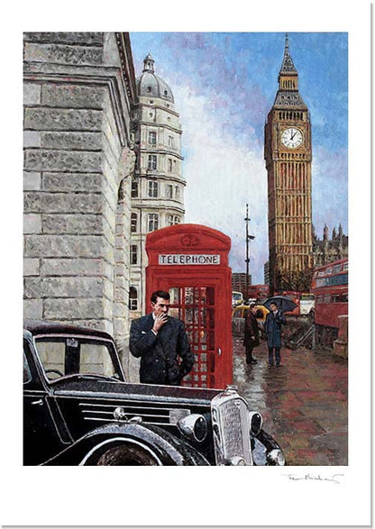 Big Ben Fine Art Print, a nostalgic London street scene with red buses, telephone boxes and classic cars