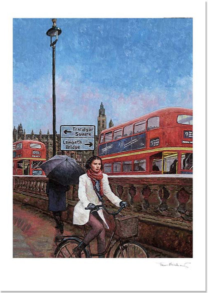 Fine art print of a london street scene with the Houses of Parliament in the background.