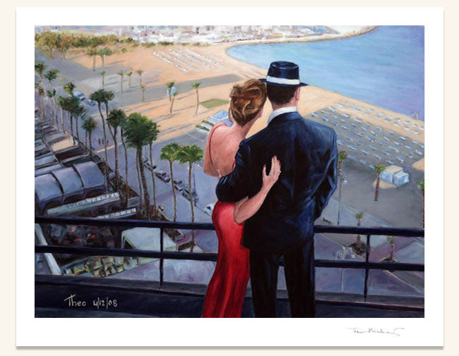original romantic oil painting titled Balcony With View, enhance the Charm of Your Home with Art by Theo Michael Fine Art Print.